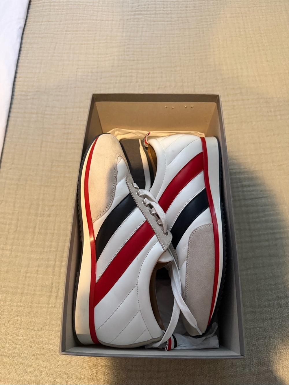 Thom Browne White Sneakers with Red and Navy Stripes